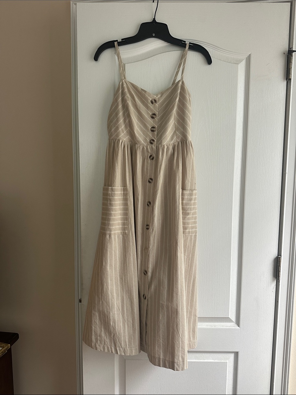 Hem & Thread Beige Striped Midi Button-Front Sundress